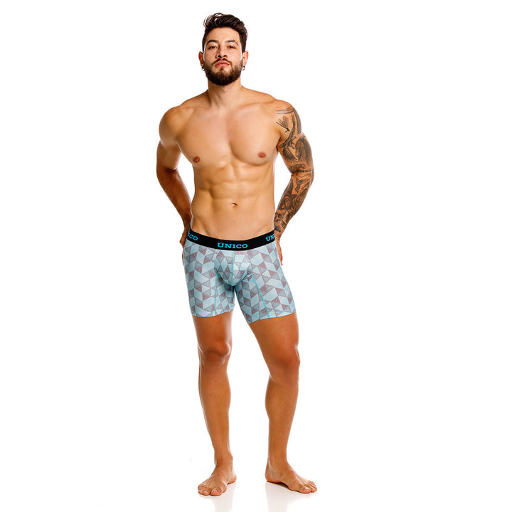 Unico Abreus Men's Mid-Length Boxer Brief - Blue Geometric Print Microfibre