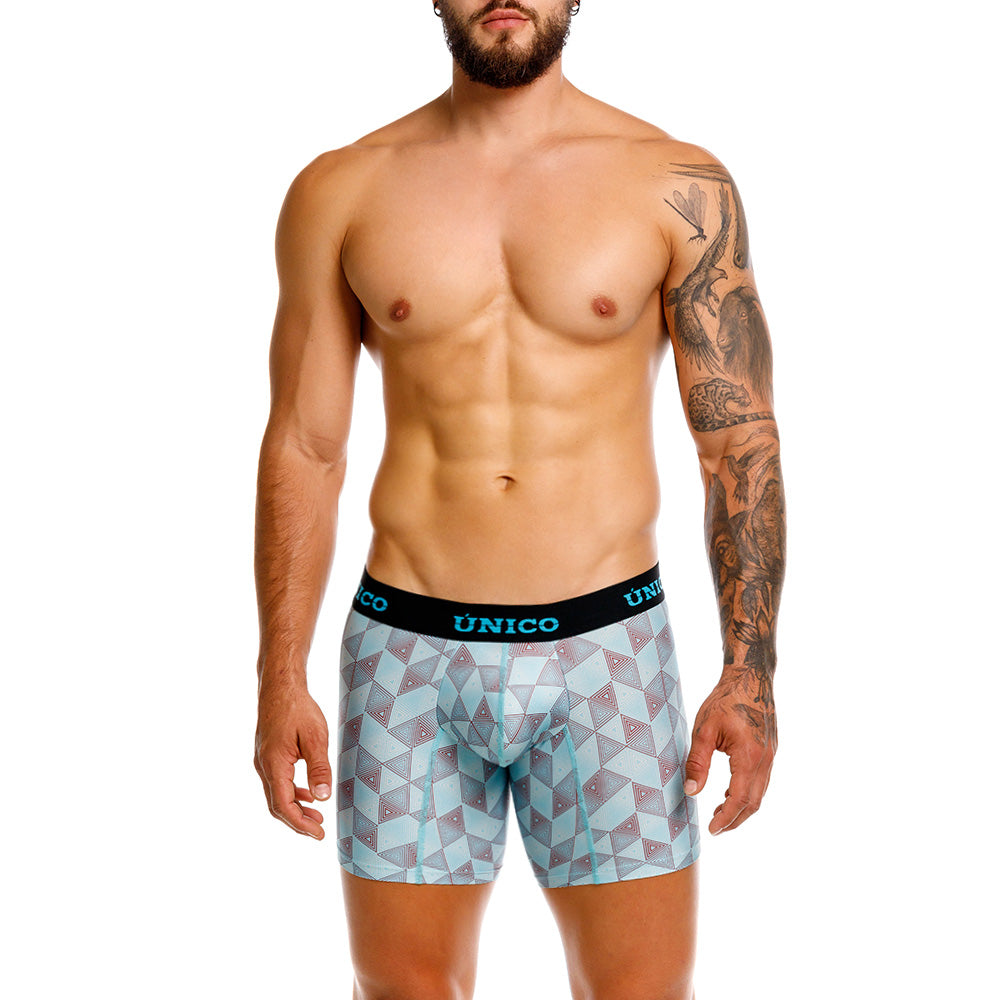 Unico Abreus Men's Mid-Length Boxer Brief - Blue Geometric Print Microfibre