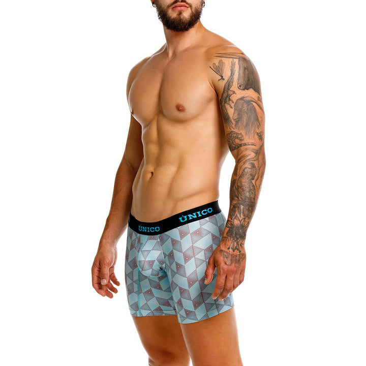 Unico Abreus Men's Mid-Length Boxer Brief - Blue Geometric Print Microfibre
