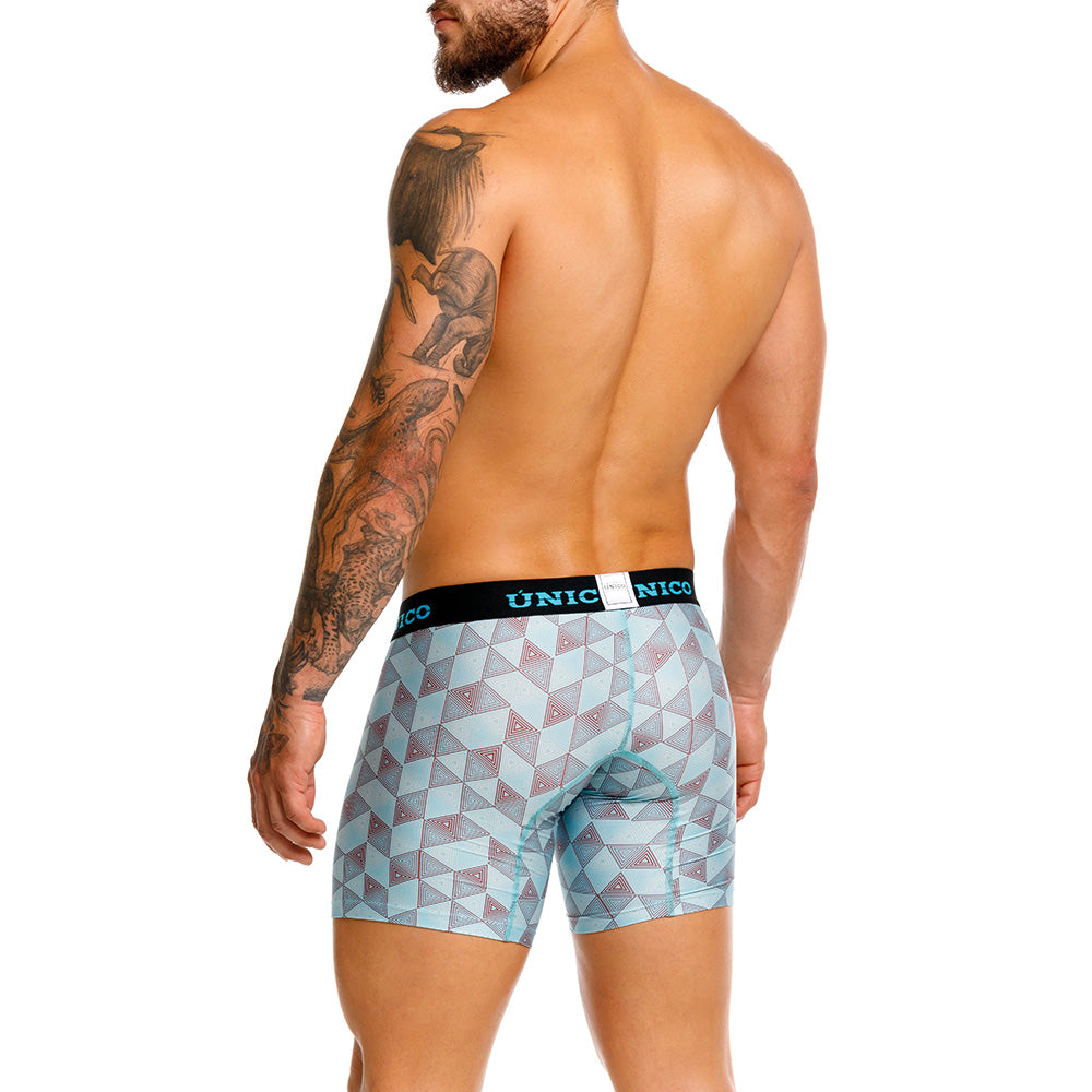Unico Abreus Men's Mid-Length Boxer Brief - Blue Geometric Print Microfibre