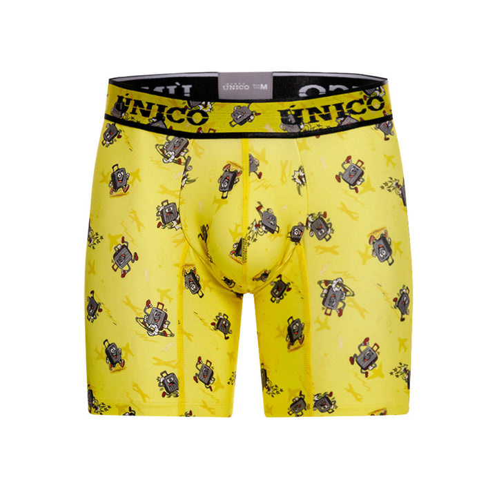 Unico Excursión Men's Mid-Leg Boxer Brief - Yellow Travel Print
