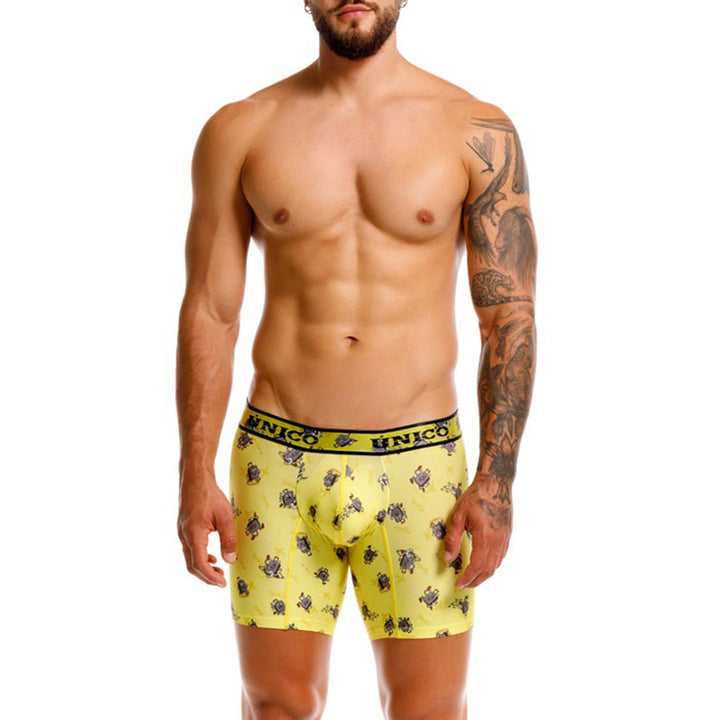 Unico Excursión Men's Mid-Leg Boxer Brief - Yellow Travel Print