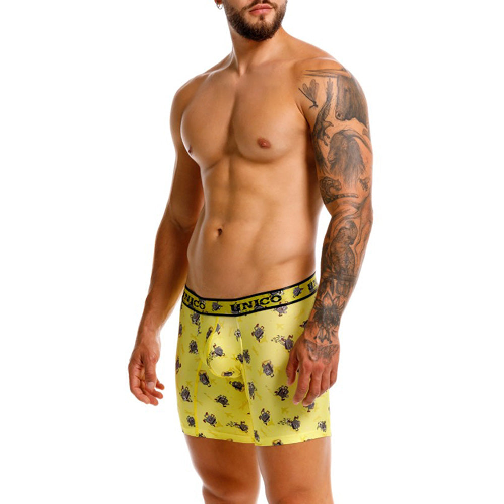 Unico Excursión Men's Mid-Leg Boxer Brief - Yellow Travel Print