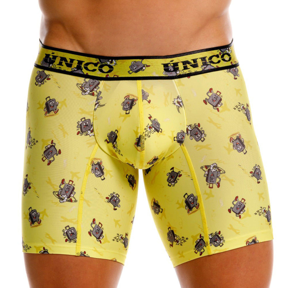 Unico Excursión Men's Mid-Leg Boxer Brief - Yellow Travel Print
