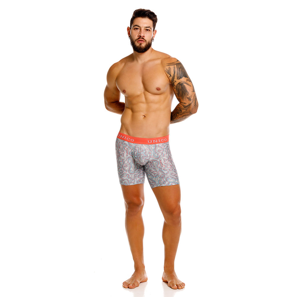 Unico Fibroso Men's Mid-Length Boxer Brief - Beige Printed Microfiber Underwear