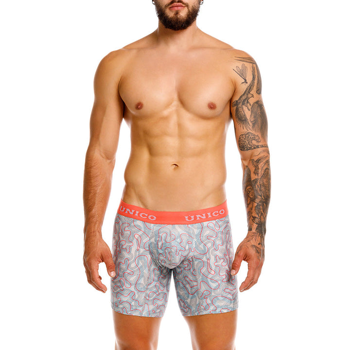 Unico Fibroso Men's Mid-Length Boxer Brief - Beige Printed Microfiber Underwear