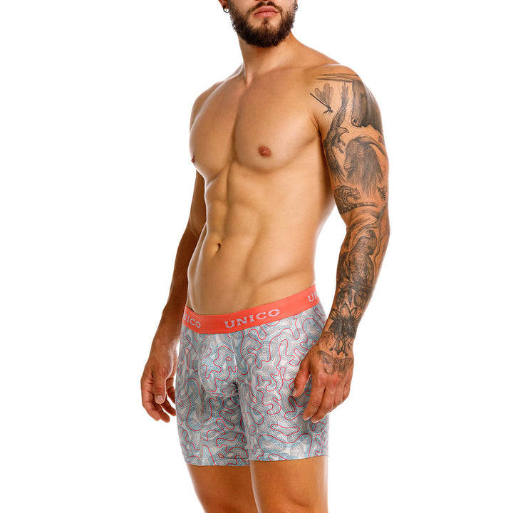 Unico Fibroso Men's Mid-Length Boxer Brief - Beige Printed Microfiber Underwear
