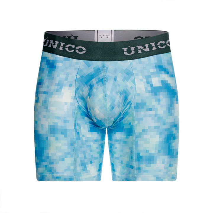Mundo Unico Lille Printed Mid-Length Boxer Briefs – Blue Microfiber Men's Underwear with Suspensory Support Pouch