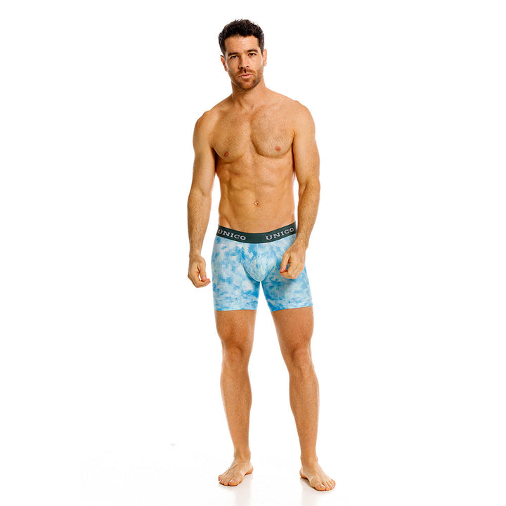 Mundo Unico Lille Printed Mid-Length Boxer Briefs – Blue Microfiber Men's Underwear with Suspensory Support Pouch