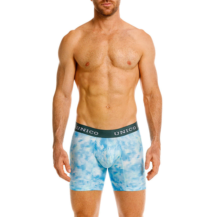 Mundo Unico Lille Printed Mid-Length Boxer Briefs – Blue Microfiber Men's Underwear with Suspensory Support Pouch