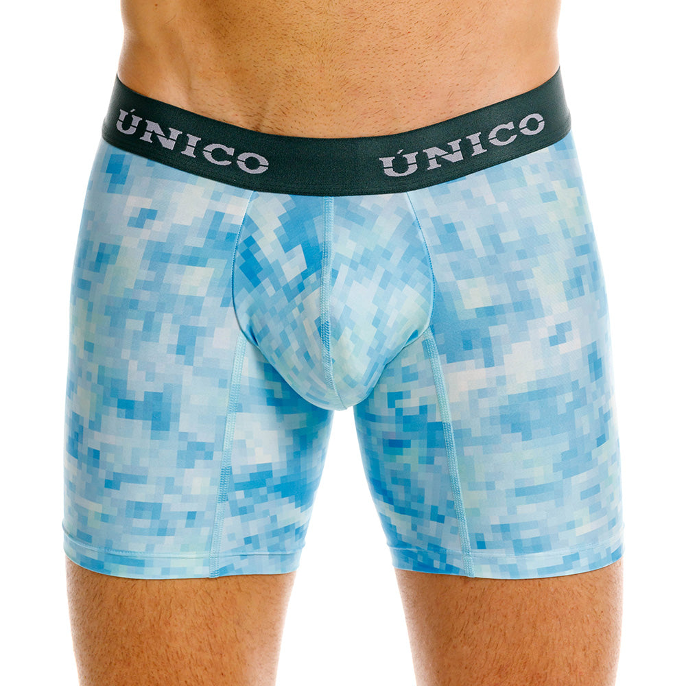 Mundo Unico Lille Printed Mid-Length Boxer Briefs – Blue Microfiber Men's Underwear with Suspensory Support Pouch