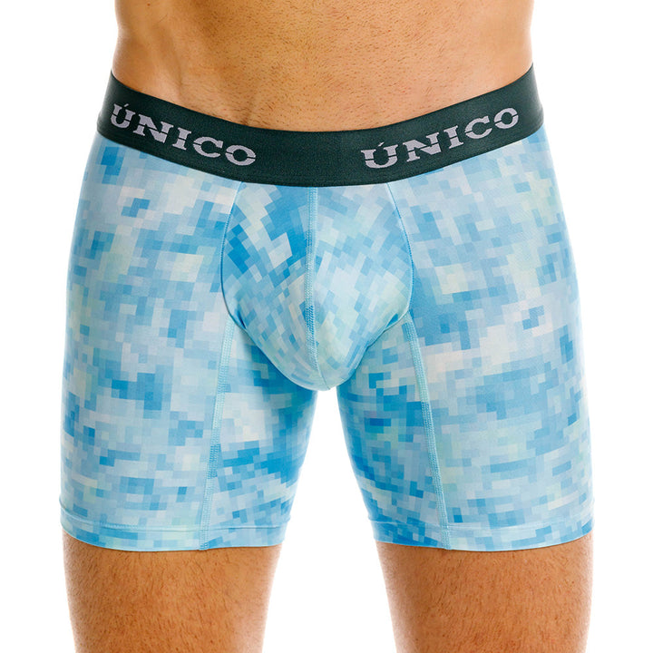 Mundo Unico Lille Printed Mid-Length Boxer Briefs – Blue Microfiber Men's Underwear with Suspensory Support Pouch