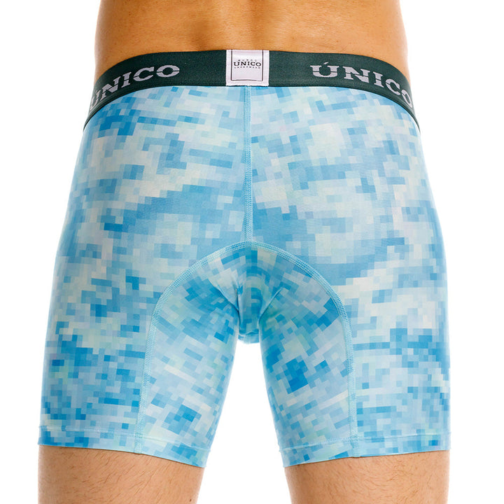 Mundo Unico Lille Printed Mid-Length Boxer Briefs – Blue Microfiber Men's Underwear with Suspensory Support Pouch
