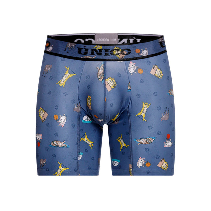 Mundo Unico Micho Men's Mid-Length Boxer Briefs – Blue Cat Print Microfiber Underwear with Pouch Support
