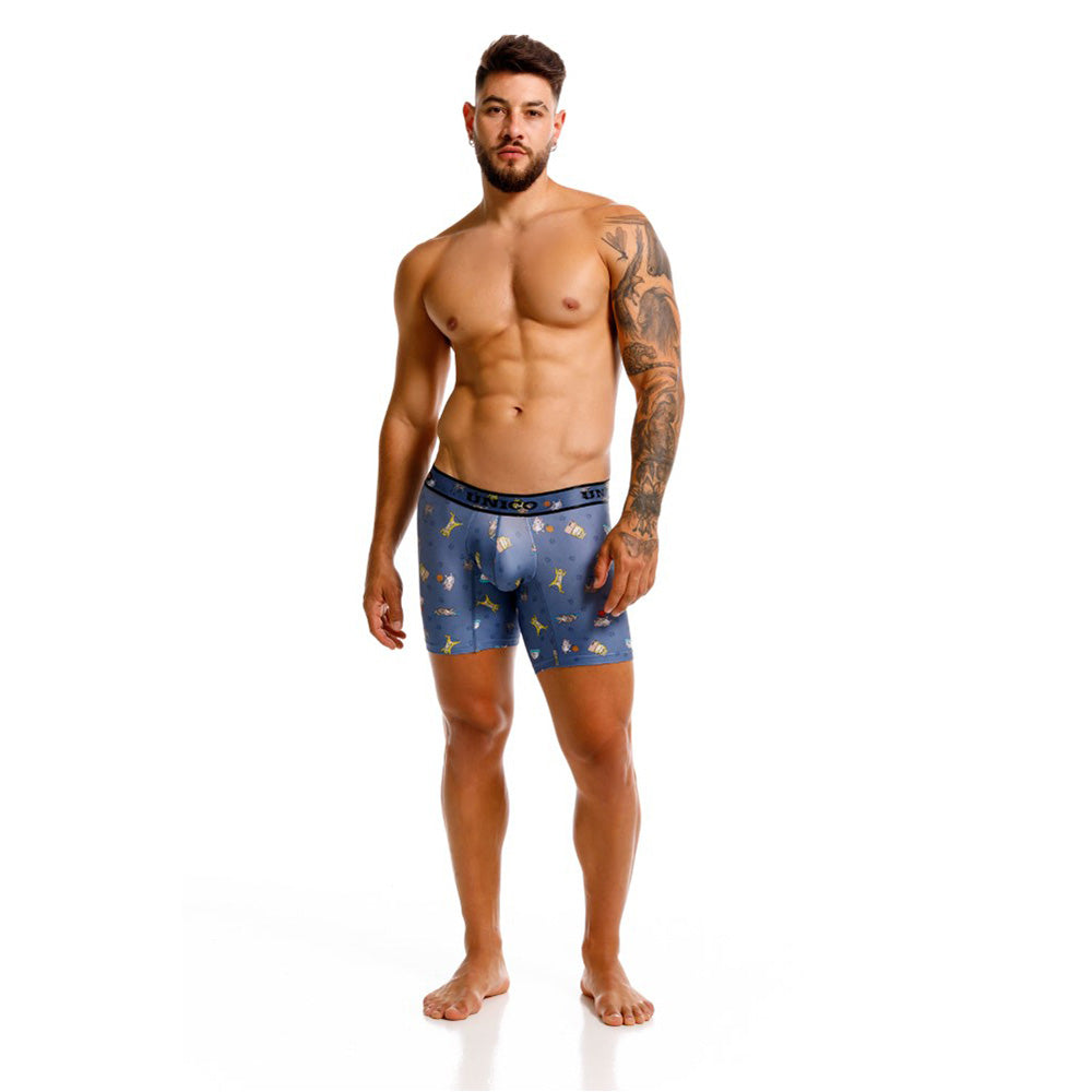 Mundo Unico Micho Men's Mid-Length Boxer Briefs – Blue Cat Print Microfiber Underwear with Pouch Support