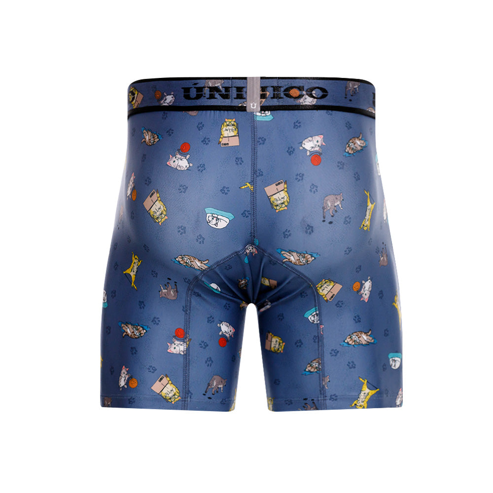 Mundo Unico Micho Men's Mid-Length Boxer Briefs – Blue Cat Print Microfiber Underwear with Pouch Support