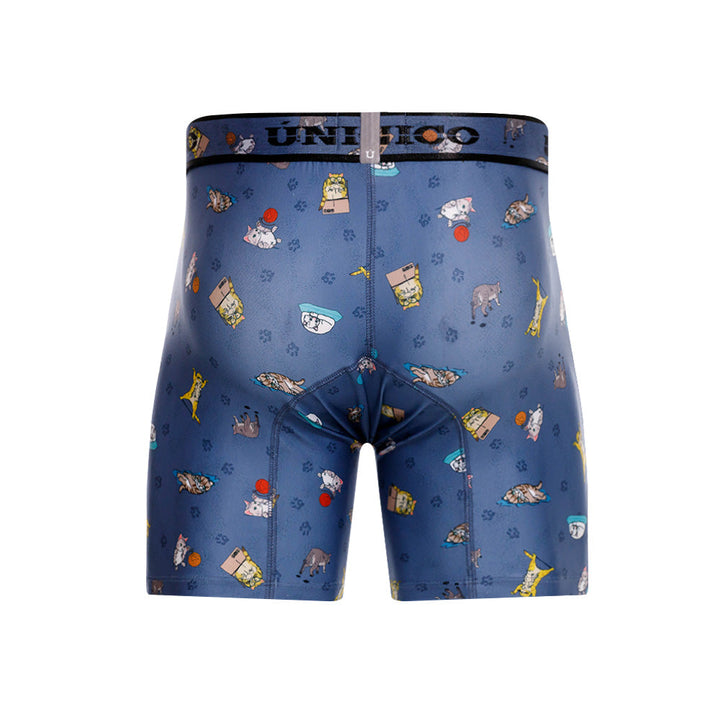 Mundo Unico Micho Men's Mid-Length Boxer Briefs – Blue Cat Print Microfiber Underwear with Pouch Support