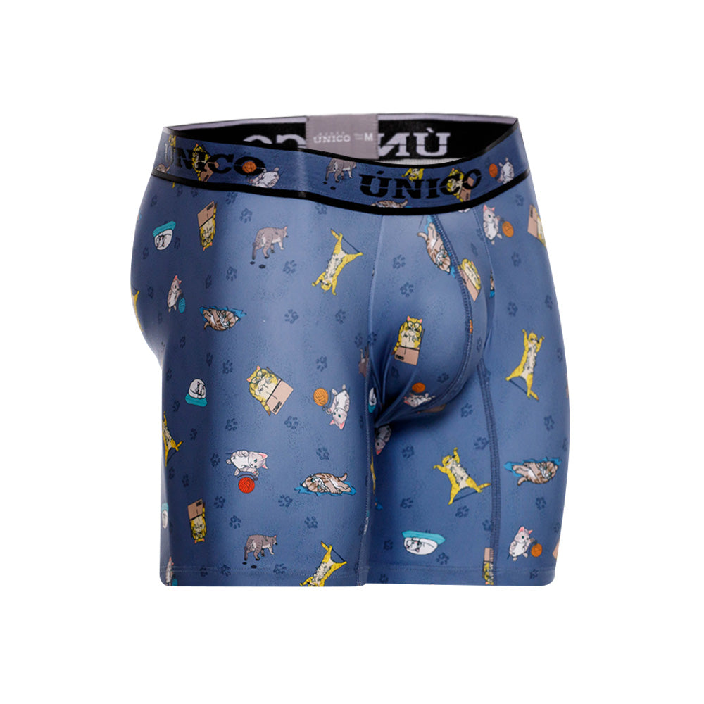 Mundo Unico Micho Men's Mid-Length Boxer Briefs – Blue Cat Print Microfiber Underwear with Pouch Support