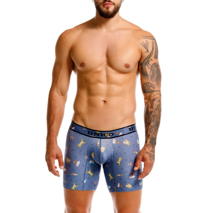 Mundo Unico Micho Men's Mid-Length Boxer Briefs – Blue Cat Print Microfiber Underwear with Pouch Support