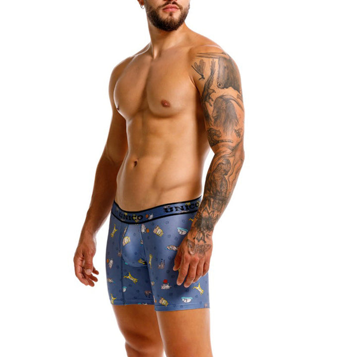 Mundo Unico Micho Men's Mid-Length Boxer Briefs – Blue Cat Print Microfiber Underwear with Pouch Support