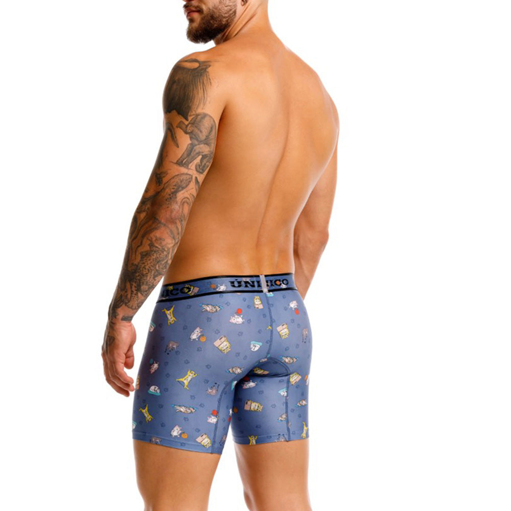 Mundo Unico Micho Men's Mid-Length Boxer Briefs – Blue Cat Print Microfiber Underwear with Pouch Support