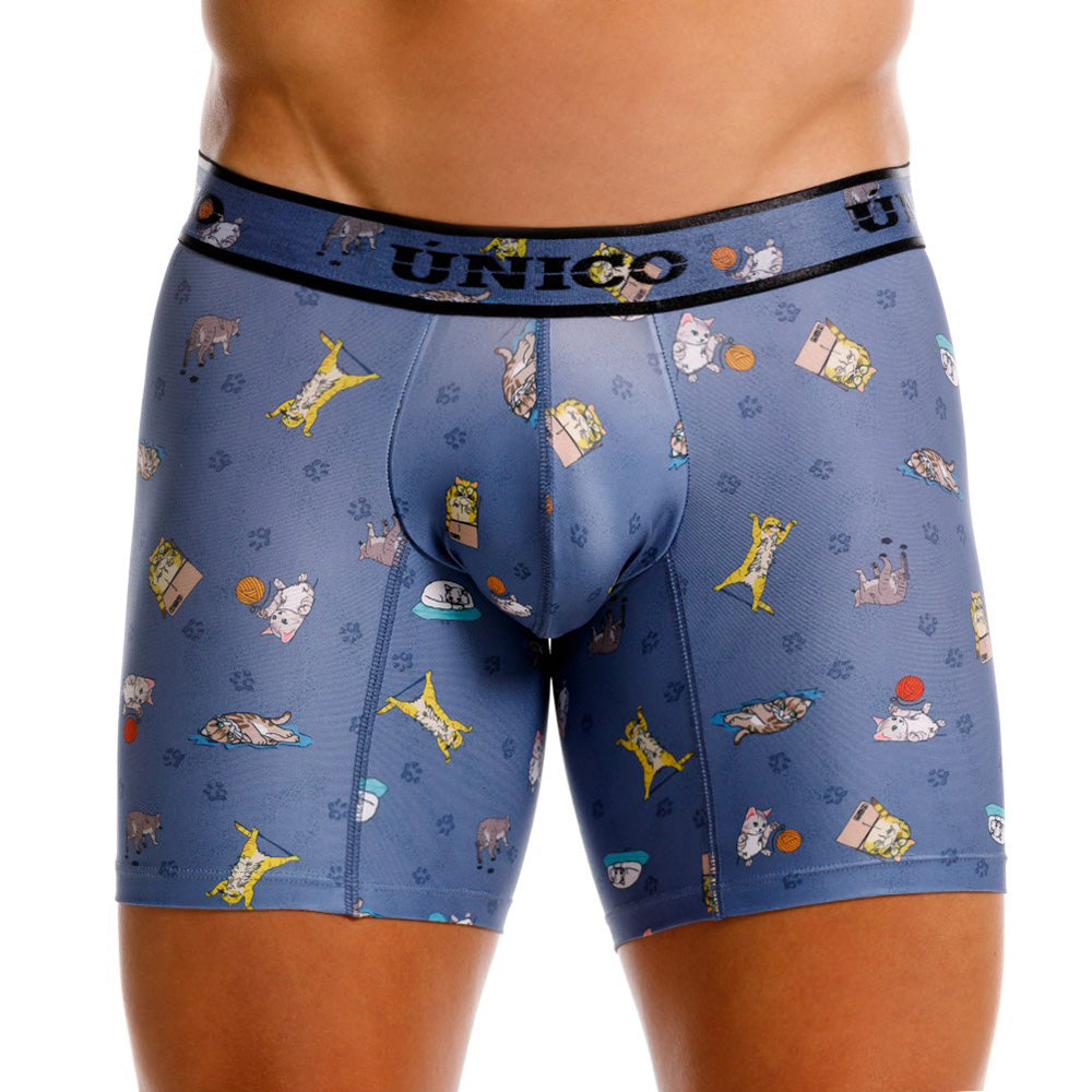 Mundo Unico Micho Men's Mid-Length Boxer Briefs – Blue Cat Print Microfiber Underwear with Pouch Support