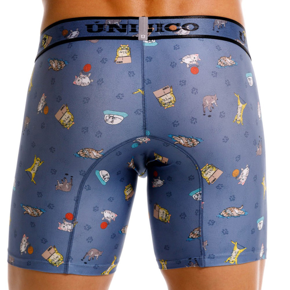 Mundo Unico Micho Men's Mid-Length Boxer Briefs – Blue Cat Print Microfiber Underwear with Pouch Support