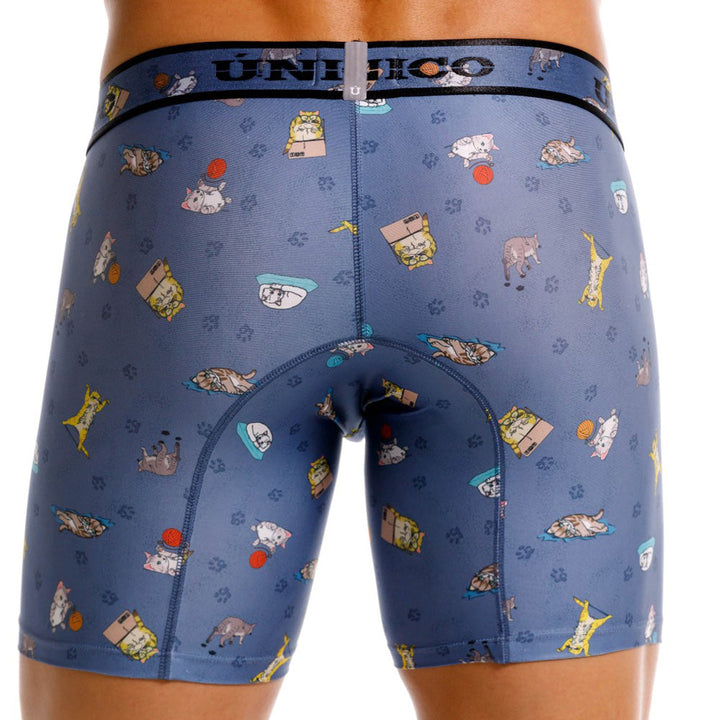 Mundo Unico Micho Men's Mid-Length Boxer Briefs – Blue Cat Print Microfiber Underwear with Pouch Support