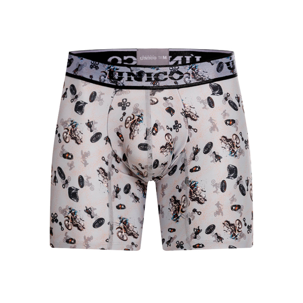 Mundo Unico Motocross Printed Mid-Length Boxer Briefs – Grey Microfiber Men's Underwear with Suspensory Support Pouch