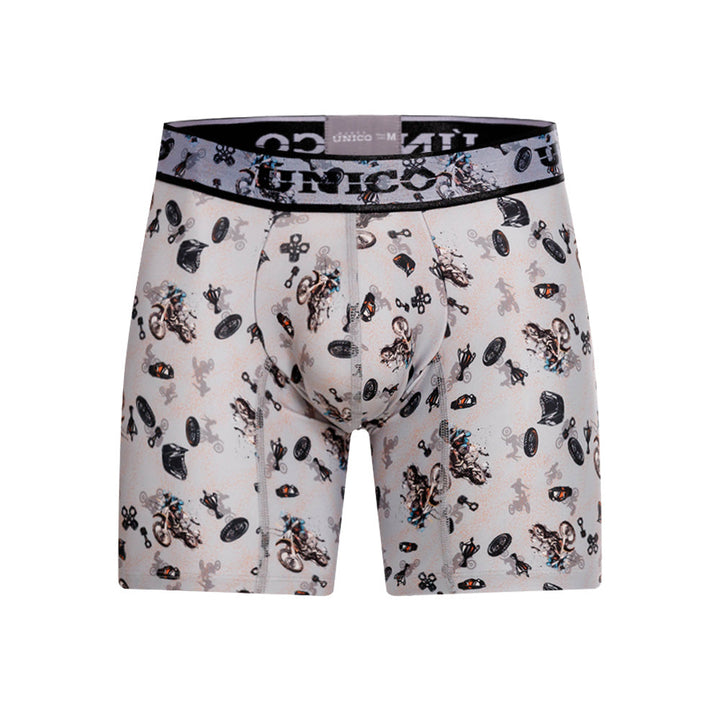 Mundo Unico Motocross Printed Mid-Length Boxer Briefs – Grey Microfiber Men's Underwear with Suspensory Support Pouch