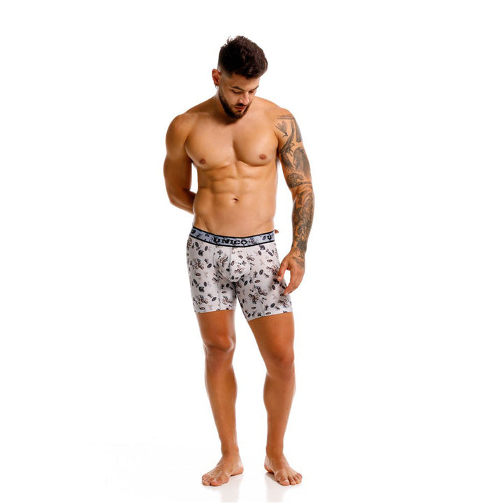 Mundo Unico Motocross Printed Mid-Length Boxer Briefs – Grey Microfiber Men's Underwear with Suspensory Support Pouch