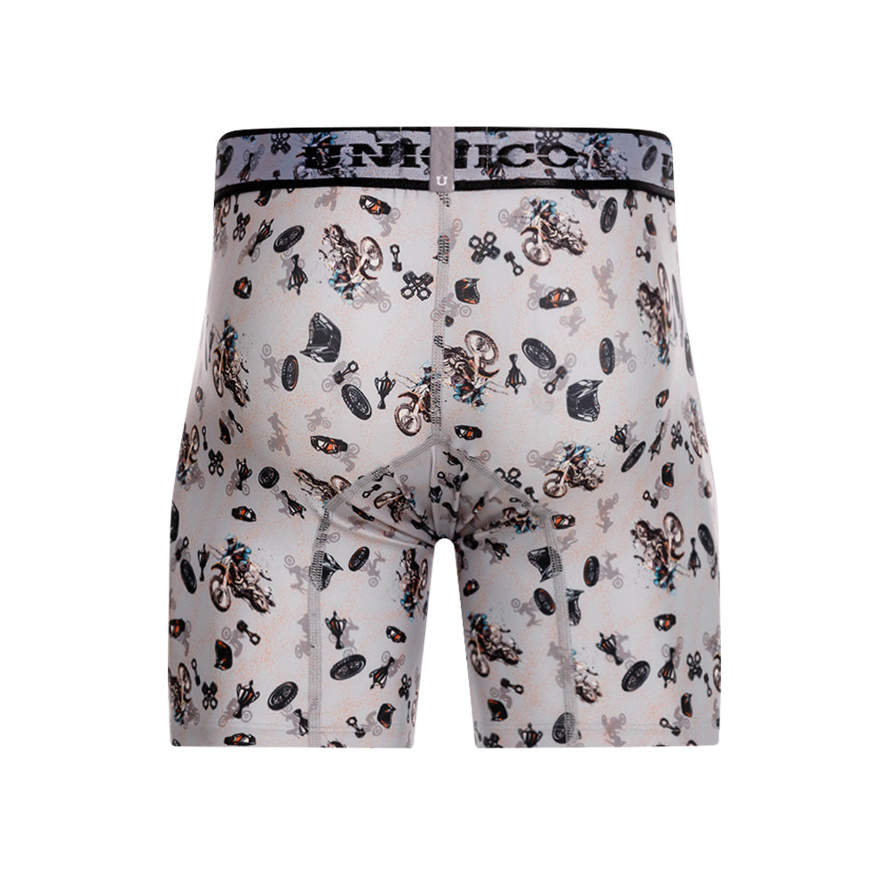Mundo Unico Motocross Printed Mid-Length Boxer Briefs – Grey Microfiber Men's Underwear with Suspensory Support Pouch