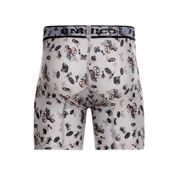 Mundo Unico Motocross Printed Mid-Length Boxer Briefs – Grey Microfiber Men's Underwear with Suspensory Support Pouch