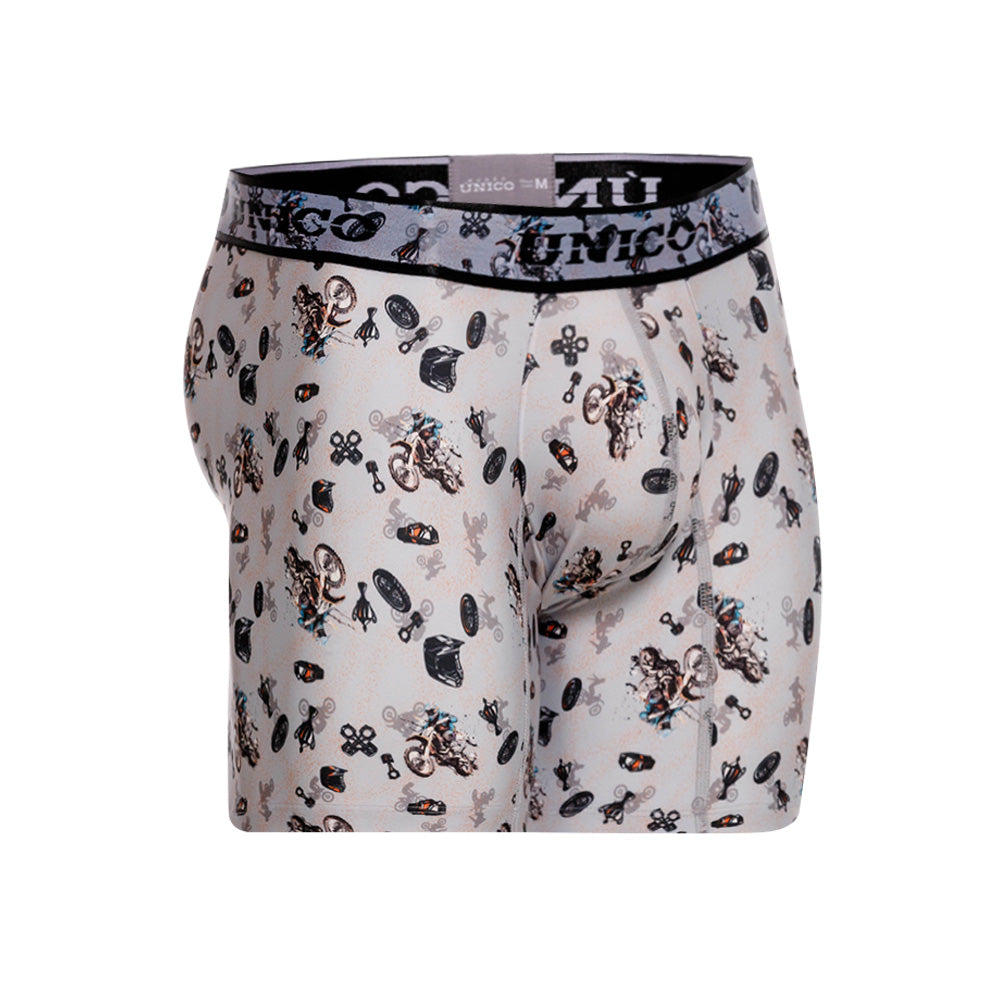 Mundo Unico Motocross Printed Mid-Length Boxer Briefs – Grey Microfiber Men's Underwear with Suspensory Support Pouch