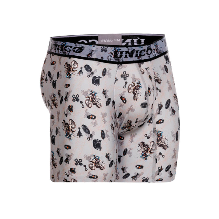 Mundo Unico Motocross Printed Mid-Length Boxer Briefs – Grey Microfiber Men's Underwear with Suspensory Support Pouch
