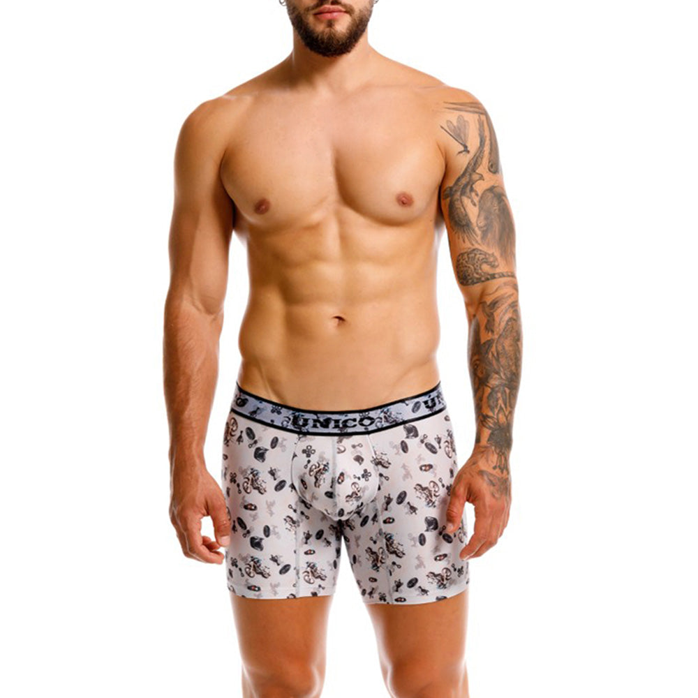 Mundo Unico Motocross Printed Mid-Length Boxer Briefs – Grey Microfiber Men's Underwear with Suspensory Support Pouch