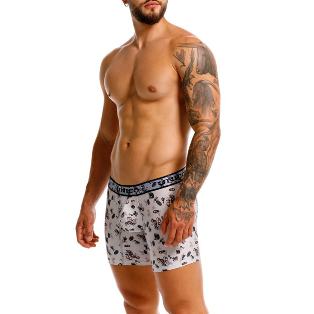 Mundo Unico Motocross Printed Mid-Length Boxer Briefs – Grey Microfiber Men's Underwear with Suspensory Support Pouch