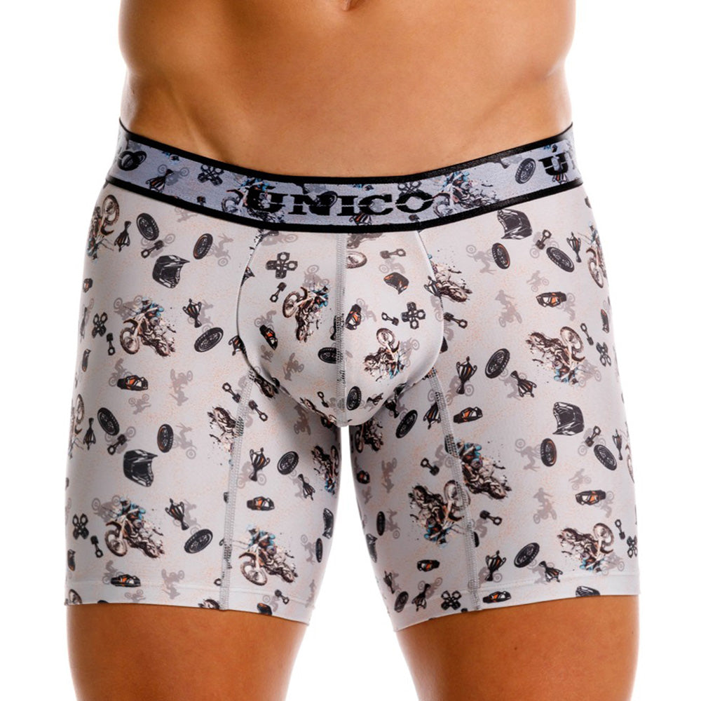 Mundo Unico Motocross Printed Mid-Length Boxer Briefs – Grey Microfiber Men's Underwear with Suspensory Support Pouch