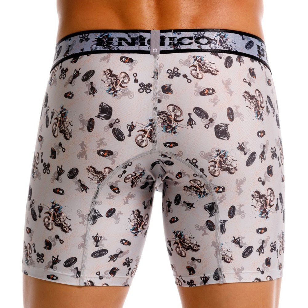 Mundo Unico Motocross Printed Mid-Length Boxer Briefs – Grey Microfiber Men's Underwear with Suspensory Support Pouch
