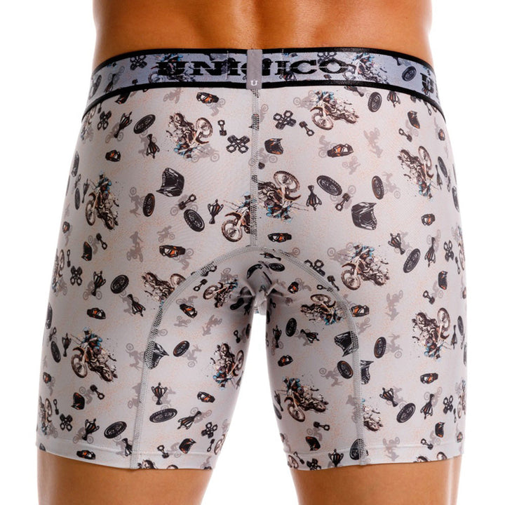 Mundo Unico Motocross Printed Mid-Length Boxer Briefs – Grey Microfiber Men's Underwear with Suspensory Support Pouch