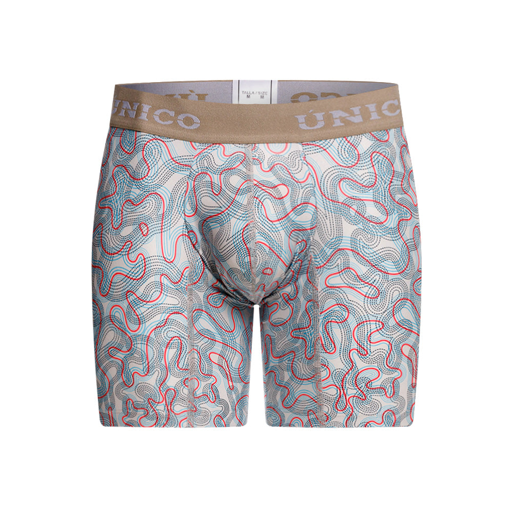 Mundo Unico Pantano Men's Mid-Length Boxer Briefs – Beige Printed Microfiber Underwear with Pouch Support