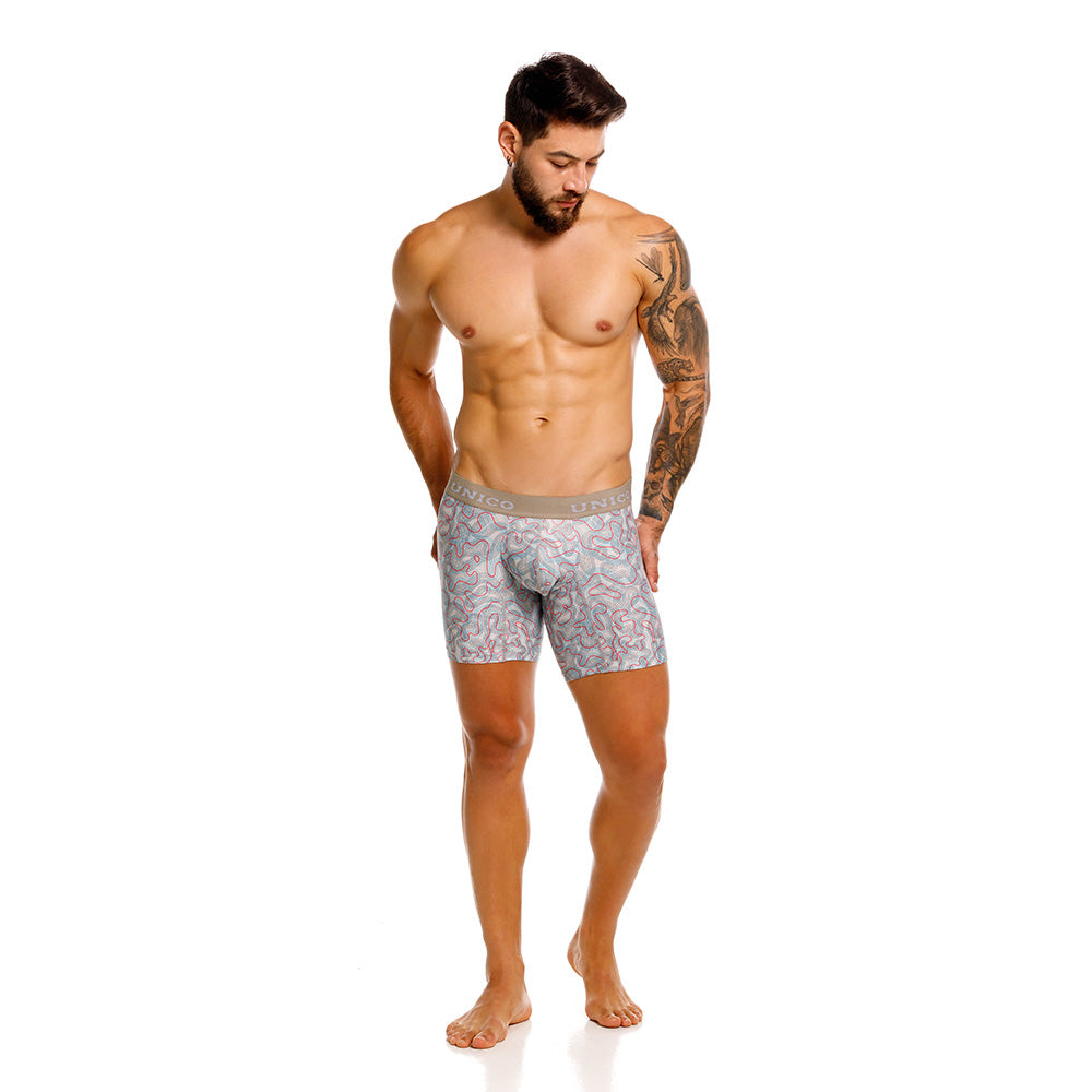 Mundo Unico Pantano Men's Mid-Length Boxer Briefs – Beige Printed Microfiber Underwear with Pouch Support