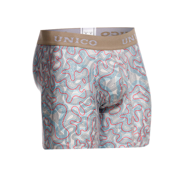Mundo Unico Pantano Men's Mid-Length Boxer Briefs – Beige Printed Microfiber Underwear with Pouch Support