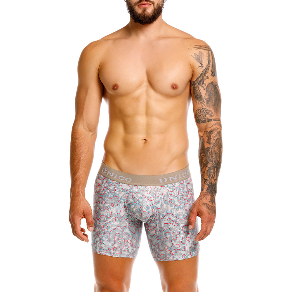 Mundo Unico Pantano Men's Mid-Length Boxer Briefs – Beige Printed Microfiber Underwear with Pouch Support
