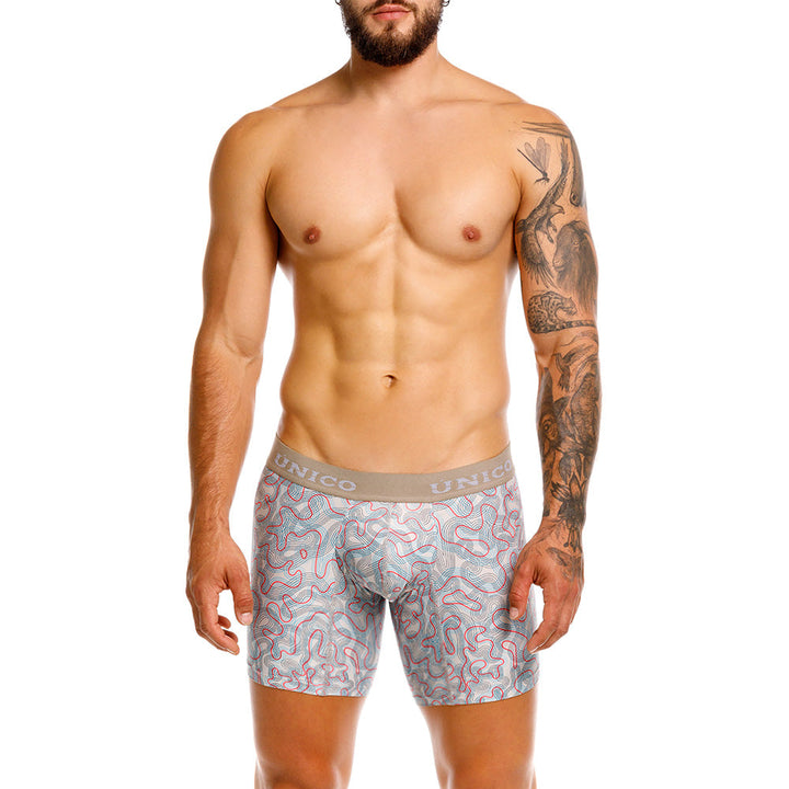 Mundo Unico Pantano Men's Mid-Length Boxer Briefs – Beige Printed Microfiber Underwear with Pouch Support
