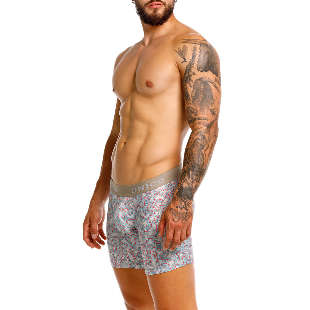 Mundo Unico Pantano Men's Mid-Length Boxer Briefs – Beige Printed Microfiber Underwear with Pouch Support