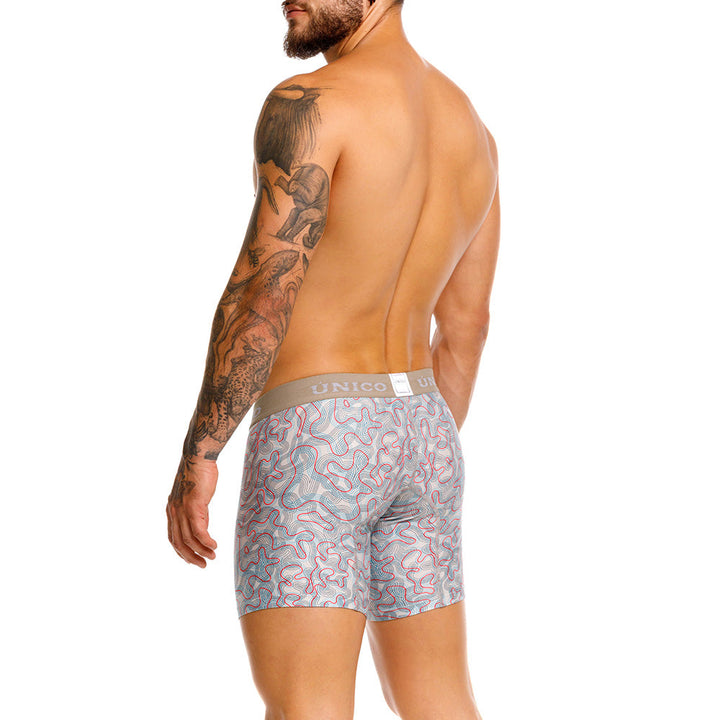 Mundo Unico Pantano Men's Mid-Length Boxer Briefs – Beige Printed Microfiber Underwear with Pouch Support