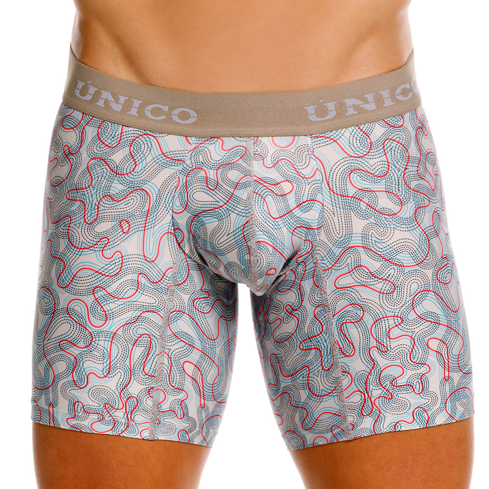 Mundo Unico Pantano Men's Mid-Length Boxer Briefs – Beige Printed Microfiber Underwear with Pouch Support