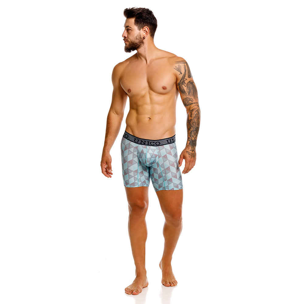 Unico Triangle Men's Mid-Length Boxer Brief - Blue Geometric Microfiber Underwear