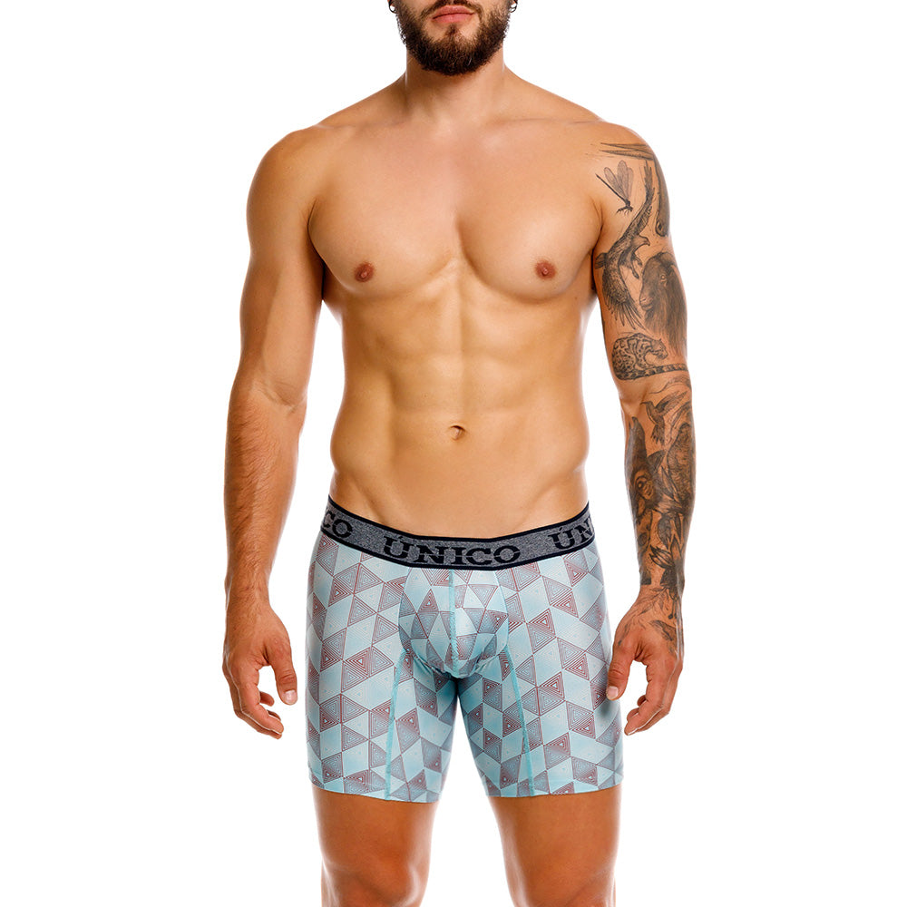 Unico Triangle Men's Mid-Length Boxer Brief - Blue Geometric Microfiber Underwear